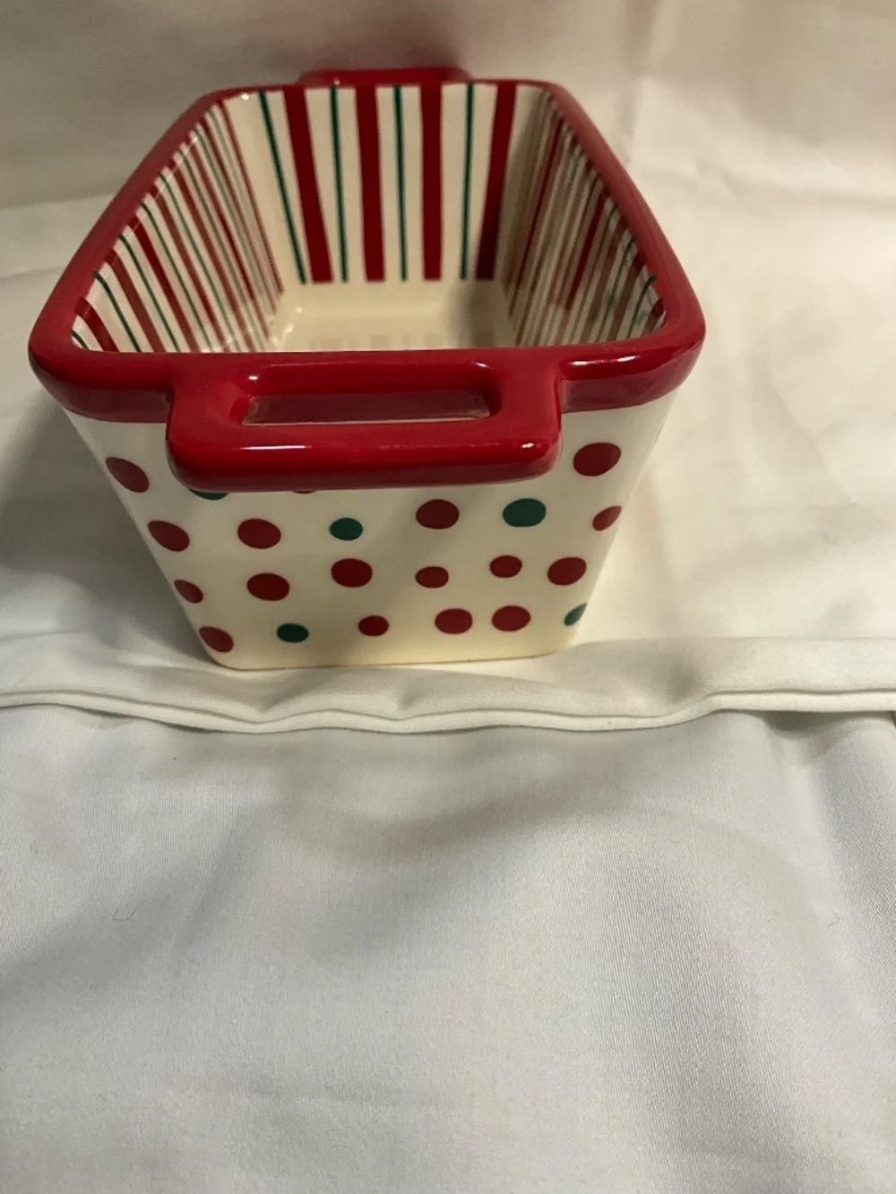Holiday Time Ceramic Mini Loaf Pan Red and Green Polka Dots And Stripes